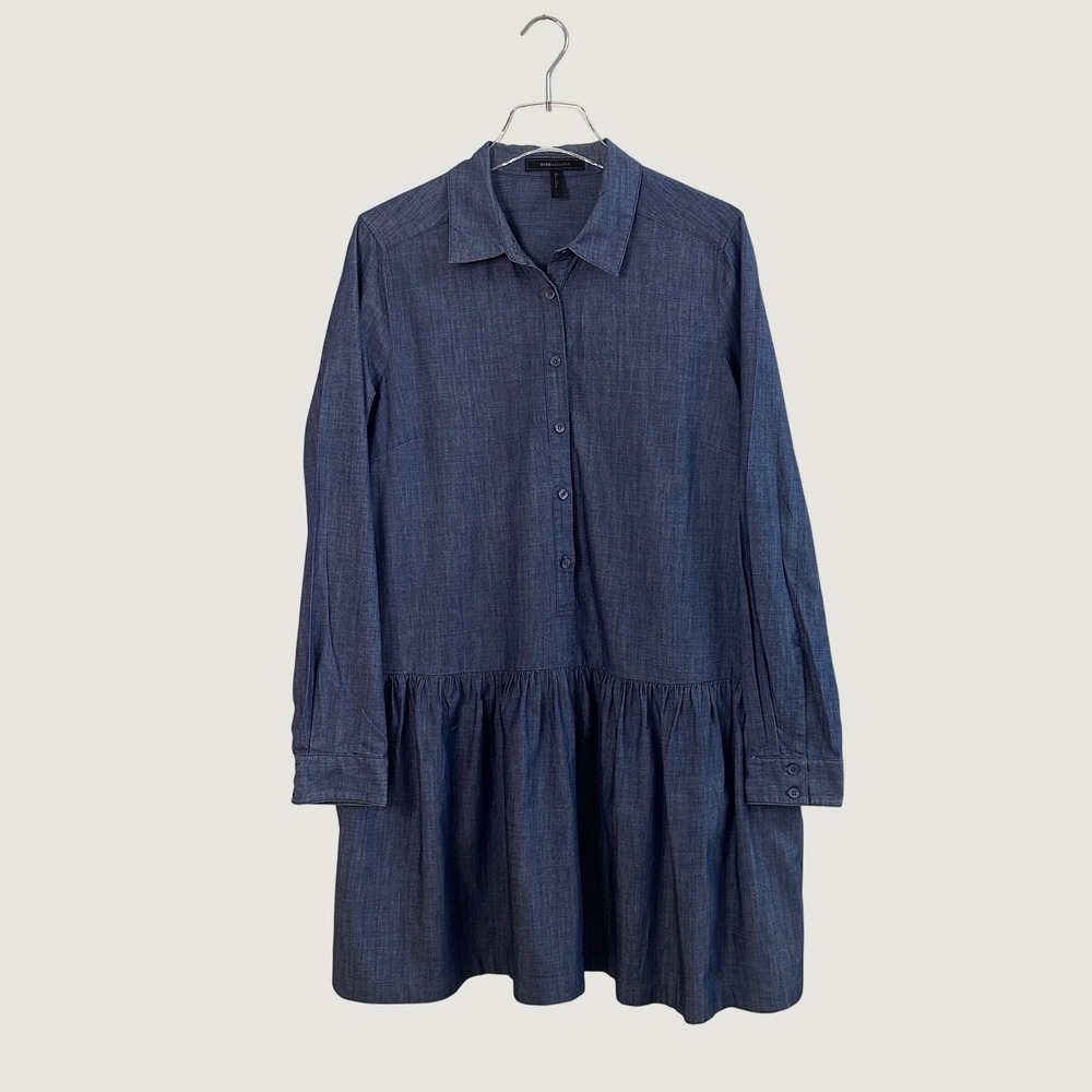 BCBGMAXAZRIA Womens Dark Wash Chambray Drop Waist Ruffle Shirt Dress Blue Large